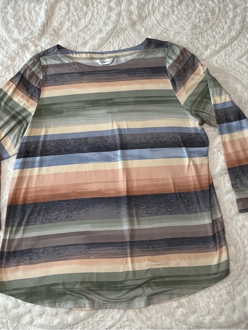 CJ Banks Striped Long-Sleeve Top in Green, Blue, Peach, Gray Size 1X
